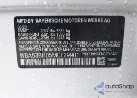 2021 BMW 530I из США, поврежденный, VIN WBA53BH05MCF29901